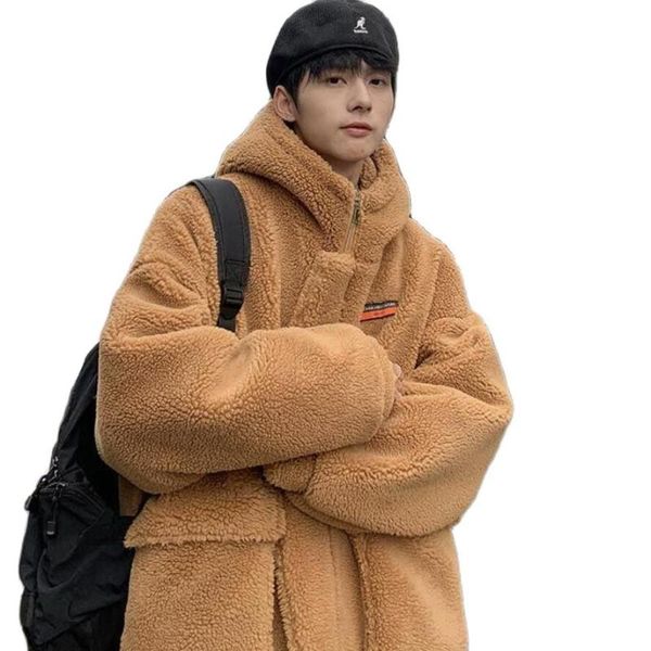 Herren Wollmischungen Winterjacken Lammmäntel Koreanischer Stil Oversize Kapuzenparka Mode Pelzmantel KleidungHerren