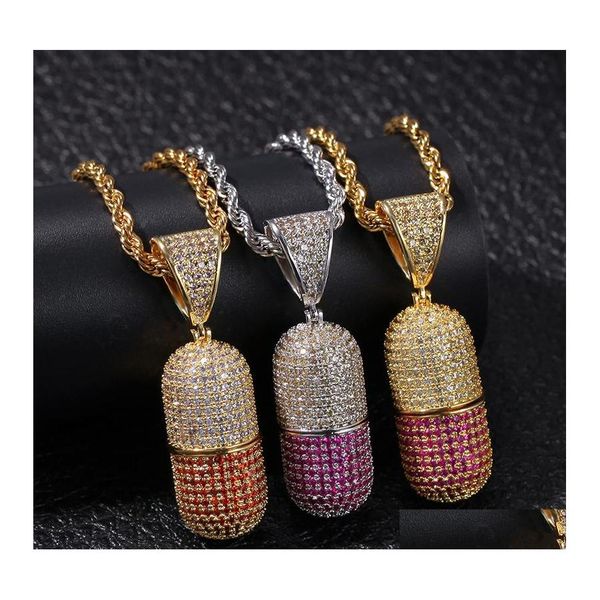 Collane con ciondolo Hip Hop Colorf Iced Out Forma di pillola aperta Bling Cz Collana con zirconi cubici per donna Uomo Gioielli Hiphop Drop Deliver Otncd