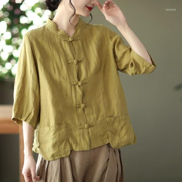 Blouses femininas Camisas de estilo chinês da primavera Mulheres 2023solid Botões de sapos únicos bolsos de três quartos de linho fêmea maré solta