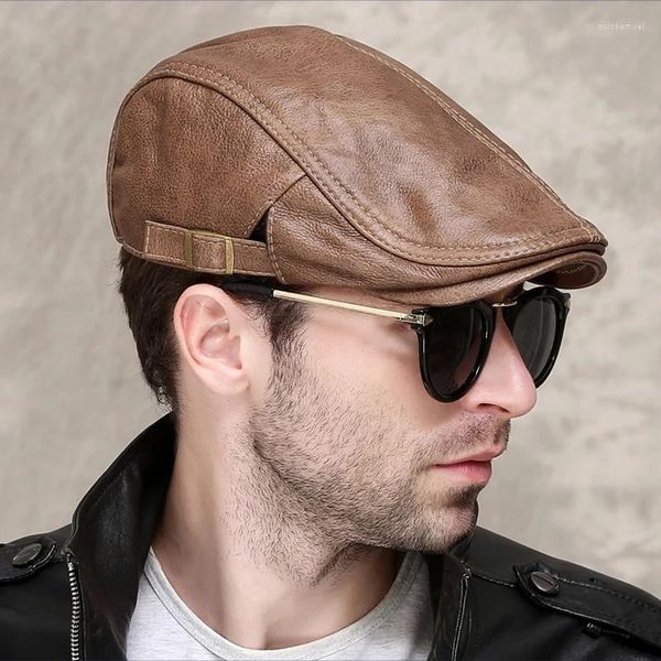 Berretti Berretti 2023 Uomo Street Bonnet Berretto in vera pelle Top Pelle bovina Maschile Cappelli sottili 55-60cm Berretto in avanti regolabile Tempo libero Cappello in pelle da uomo a becco d'anatra Cappello alla moda