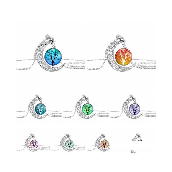 Anhänger Halsketten Mode Cabochons Glas Mond Halskette Sternenhimmel Weltraum Universum Edelstein Anhänger Baum des Lebens für Frauen Schmuck Oteov