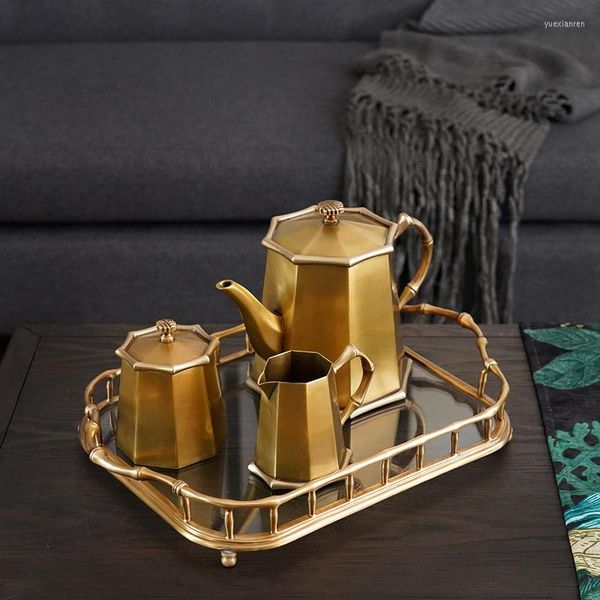 Platten Handgemachte Messing Bambus Tee-Set Tablett Haushalt Retro Licht Luxus Kaffeekanne Teekanne Ornamente Wohnzimmer Dekoration Lagerung