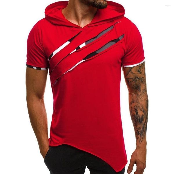 Camisetas masculinas Men manga curta rasgou a bainha irregular de camiseta slim t-shirt fitness capuz por atacado