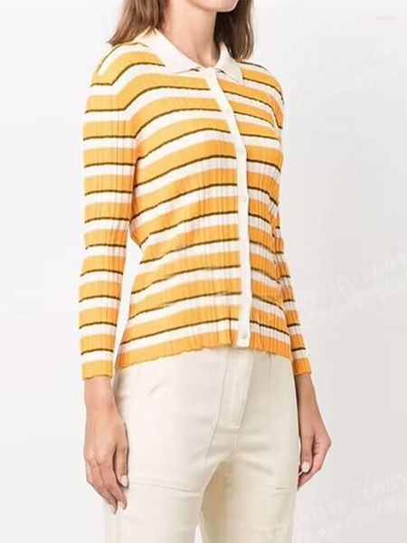 Malhas femininas listras de lã feminina malha suéter único peito de malha casual de malhas top gun para baixo 2023 primavera feminina slim esticada cardigan