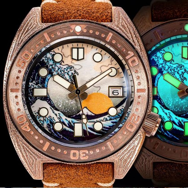Armbanduhren SHIRRYU Herren Bronze Taucheruhr Saphir CuSn8 Kanagawa Zifferblatt Wellenmuster Gehäuse NH35A Automatikwerk Mechanische Uhren