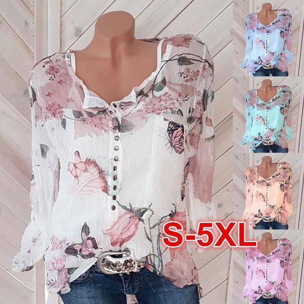 Herren T-Shirts Spot Style Langarm Print Shirt V-Ausschnitt Button Top Chiffon Kawaii Kleidung