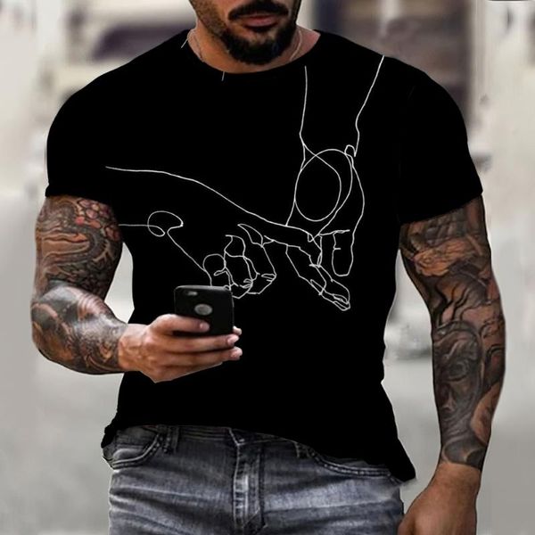 Camisetas masculinas 3d Hold Hands Mãos gráficas Camiseta casual Casual Slave Street Clothes Gesto impresso no verão 2023 Men's