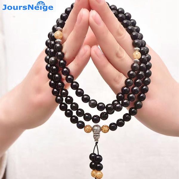 Strand Black Obsidian Obsidian Natural Stone Bracelets 108 Buda Biades Bracelete de Energia de Colar Folha de Ouro Para Mulheres Jóias Fios de Jóias