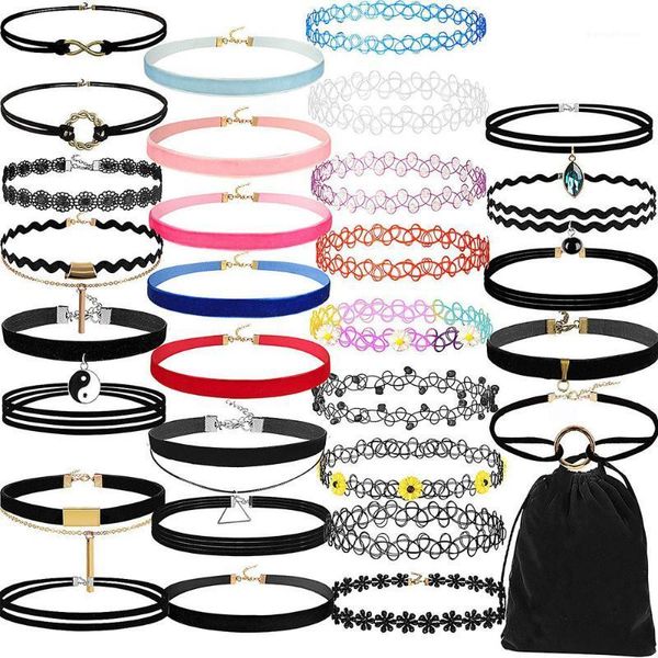 Ketten 30 Stück Choker Halskette Set Stretch Samt Klassische Gothic Tattoo Spitze Anhänger Schmuck Frauen Schwarz Kragen Halskette1