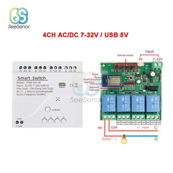 Tuya Smart WiFi Motor Anahtar Modülü 5V 12V 32V 220V RF 433 Radyo Uzaktan Kumanda 1/2/4 Kanallar İnç Röle