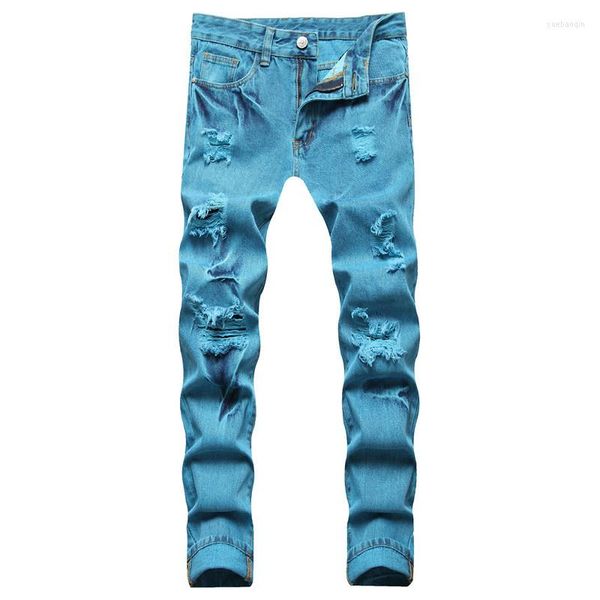 Herren Jeans Herren Y2K Ripped Denim Trendy Holes Distressed Türkis Blau Gerade Hosen Casual Male Plus Size Lange Hosen