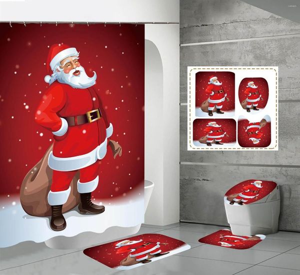 Toilettensitzbezüge, Motiv: Weihnachtsschneemann-Motiv, Badezimmermatte und Duschvorhang, vierteiliges Set, Zubehör, Einwegbezug