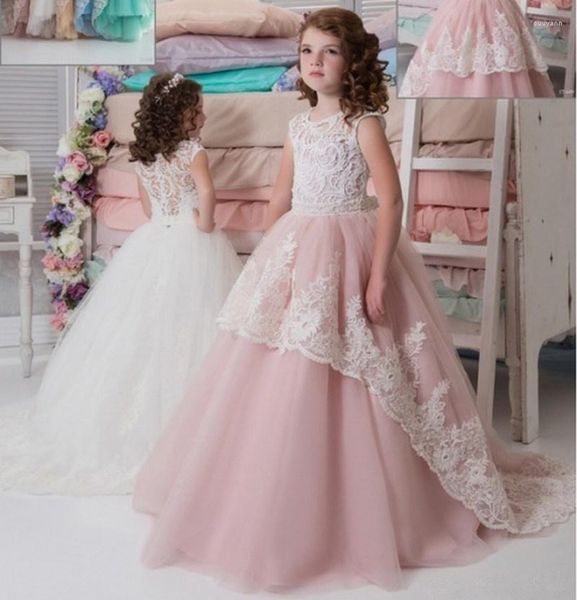 Vestidos de menina formal lindas garotas de flores brancas e rosa para casamentos, vestido de princesa vestido de princesa, vestido de aniversário de concurso de tule inchaço