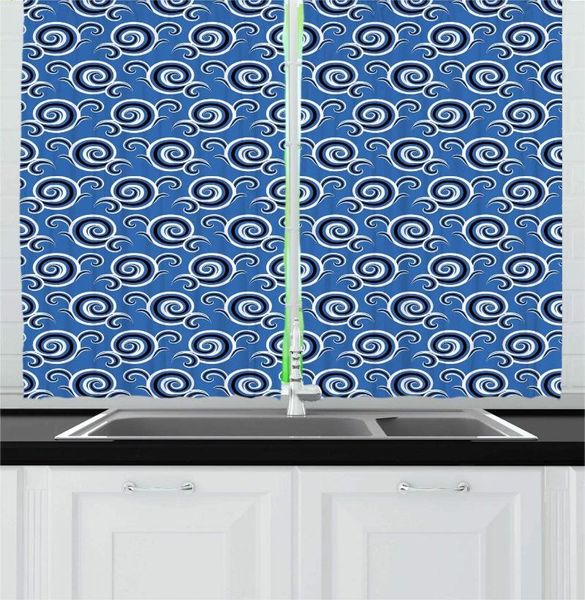 Vorhang, azurblau, weiß, abstrakte Küchenvorhänge, kreisförmige Spiralen, wirbelnde scheibenförmige Locken, modernes, marineinspiriertes Fenster