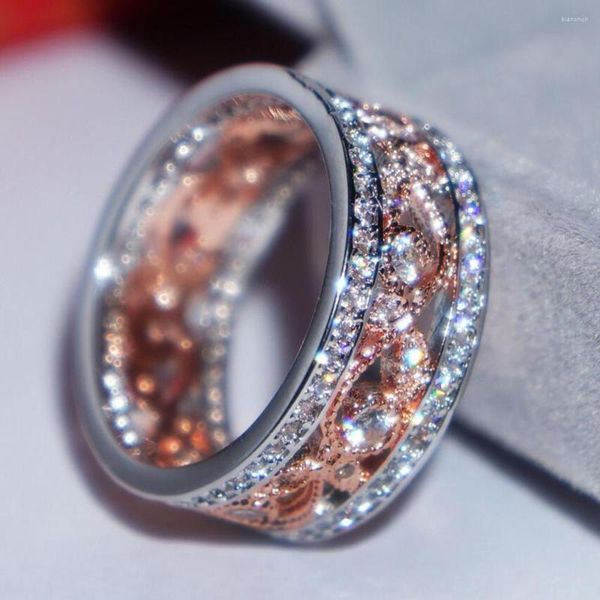 Обручальные кольца роскошные Bling Hollow Filigree Floral Women Finger Ring Band Золотой цвет Cz Czic Circic помолвка для невесты для невесты