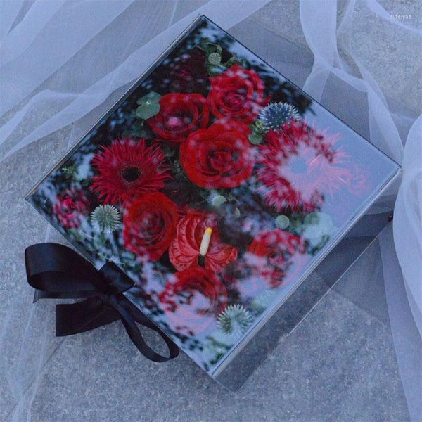 Hediye sargısı metal kare clamshell şeffaf pencere çiçek kutusu taze ambalaj malzemesi çiçekçi malzemeleri