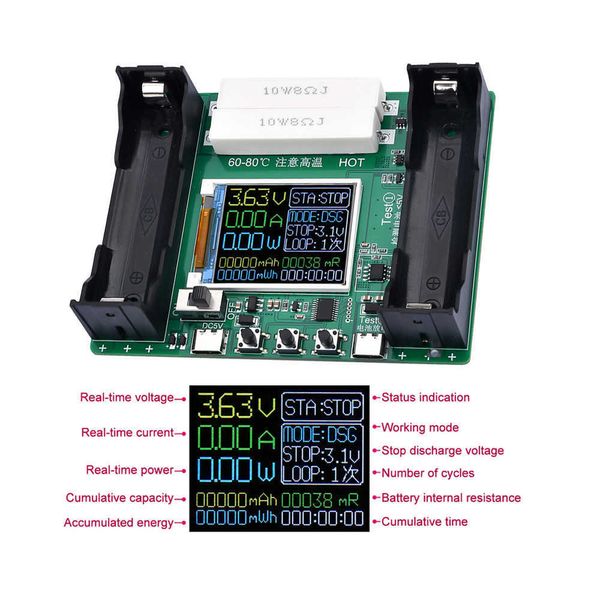 18650 Módulo de testador de capacidade de bateria de lítio Alta precisão Tipo C USB LCD Digital Digital Tensão Detector de energia Corrente