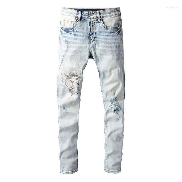 Männer Jeans 2023 Amerika Streetwear Motorrad Hosen Trend Brief Engel Druck Slim Hip Hop Männer Los Hombres Blau