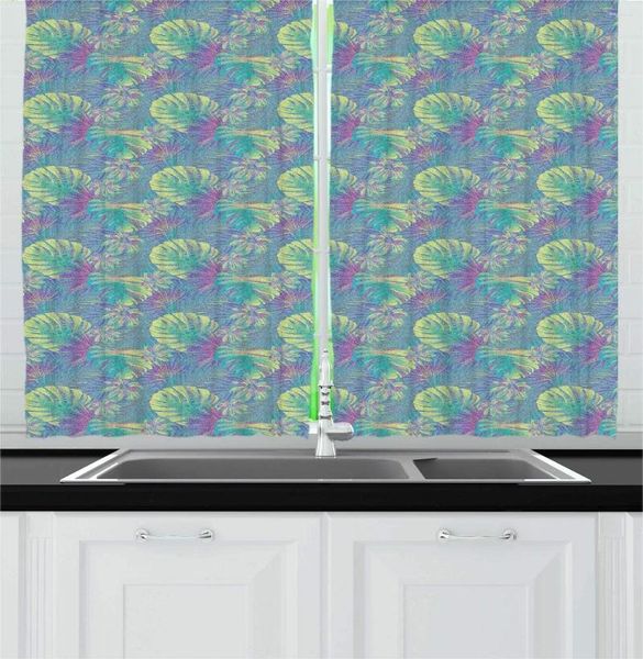 Tenda Tende da cucina esotiche multicolore Motivo astratto colorato di botanica Piante tropicali Foglie Stampa tende per finestre