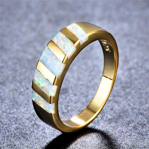 Eheringe Verkauf Boho Weißer Feueropal Stein Ring Hochwertige Mode Gelbgold Schmuck Vintage Für FrauenHochzeit