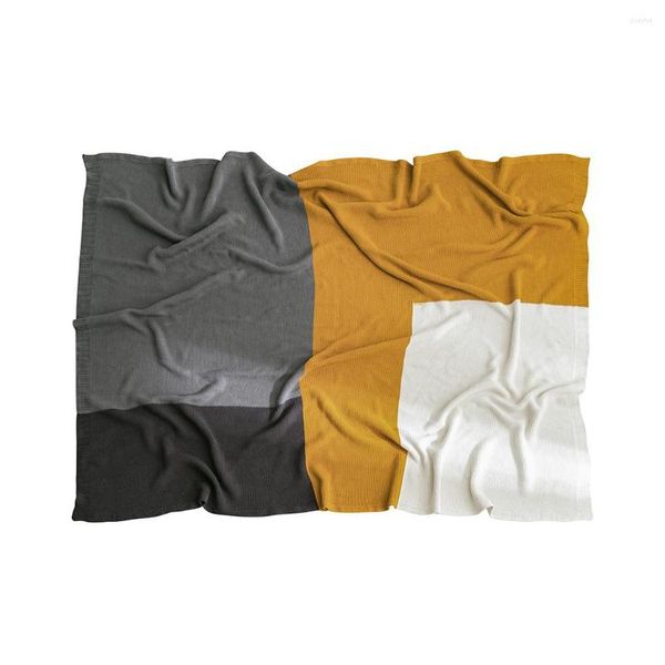 Decken aus gestrickter Baumwolle, Kontrastfarbe, Blau, Grau, Beige, blockierend, atmungsaktiv und warm
