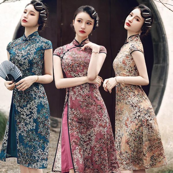 Roupas étnicas Primavera elegante botão artesanal de manga curta cetim estampado split Aodai qipao Sexy mandarim colarinho jovem cheongsam tamanho