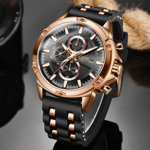 Relógios de pulso Lige mens silicone relógios de top top watches homens esportes casuais cronógrafos salmados quartzo à prova d'água masculino2023