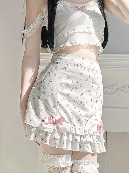 Röcke Blumendruck Rüschen Minirock Weiß Kawaii Lolita Japanischer Stil Ästhetisches Outfit Gerade Schleife Y2K