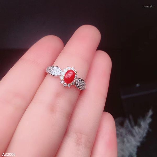 Anelli a grappolo Gioielli in argento sterling 925 con gemma di corallo rosso naturale Anello per ragazza Micro-set Ellisse sfaccettata di moda di lusso può essere rivisto