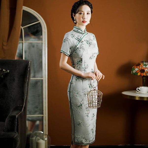 Abbigliamento etnico Nobile Elegante Stampa verde Donna Cheongsam Tradizionale Orientale Festa da sera Donna Qipao Vestidos Slim Sexy Taglie forti Abito G