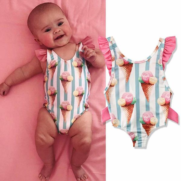 Ein Stück Goocheer Kleinkind Kinder Baby Mädchen Bademode Spitze Patchwork O Neck Gestreiften Badeanzug Schwimmen Bikini Badeanzug