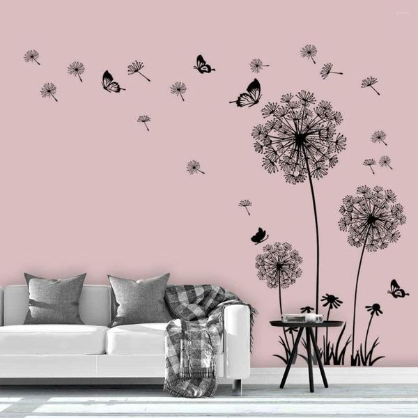 Adesivi murali Sfondo divano Decorazione TV Fiori di tarassaco nero Decalcomanie Farfalle Decorazioni volanti
