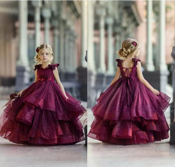 Abiti da ragazza 2023 Fiore bordeaux per la cerimonia nuziale Perline di pizzo 3D Appliqued floreale Bambine Pageant Abiti da festa Principessa