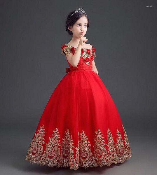 Girl Dresses Elegant Red Princess Girls Pageant Off Welfle Applique Lunghezza Abito da ballo per adolescenti per bambini