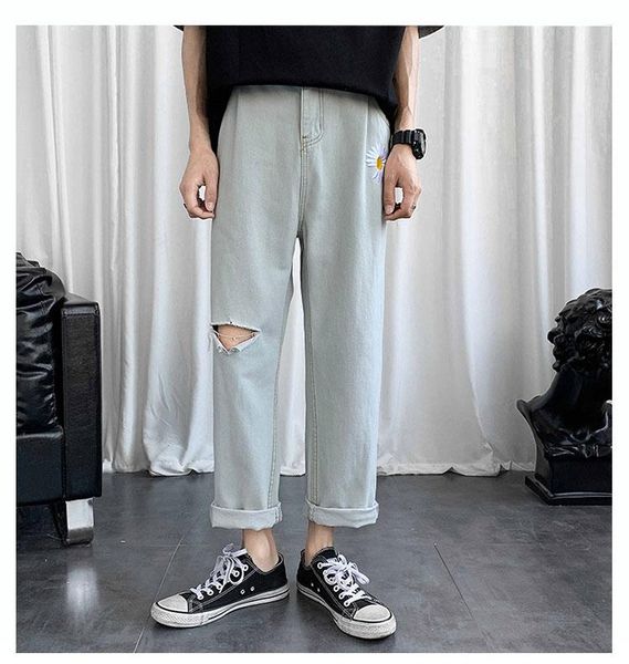 Jeans masculinos Homens de verão Bordado solto de pernas largas calças bf insas simples faculdade jeansy ly All-Match Fashion Daily Young Casualmen's