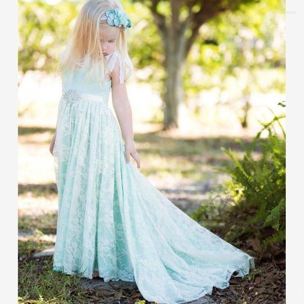 Mädchenkleider Vintage Boho A-Linie Mintgrünes Blumenkleid für Strandhochzeit Hochwertige weiche Spitze Mädchen Geburtstagsfeierkleid Kristallschärpe