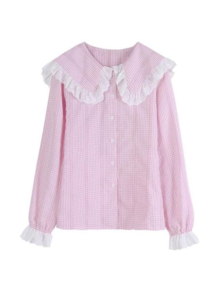Blusas femininas camisas japonesas corea camisa xadrez com manga de campainha uniformes da escola de campainha estudantes garotas fofas harajuku preppy rosa C