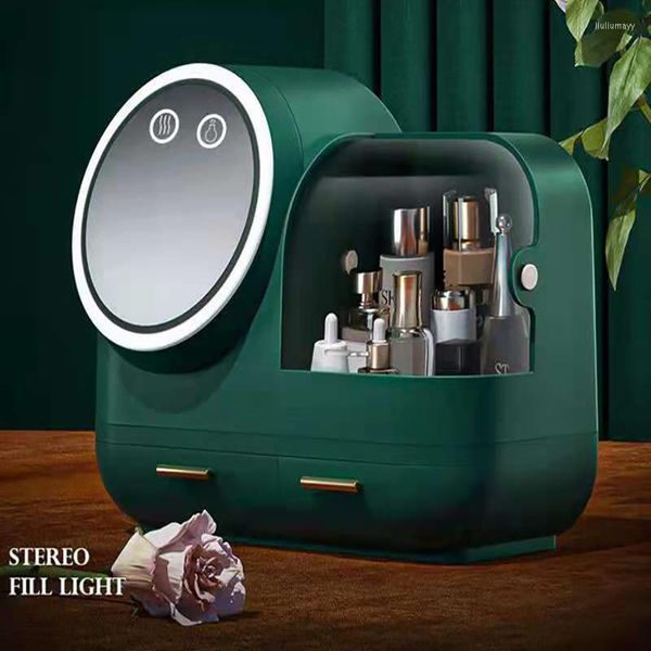 Aufbewahrungsboxen, Kosmetikaufbewahrung, Bbox mit LED-Make-up-Spiegel, kreativer Desktop, staubdicht, für Hautpflegeprodukte, Schminktisch-Box