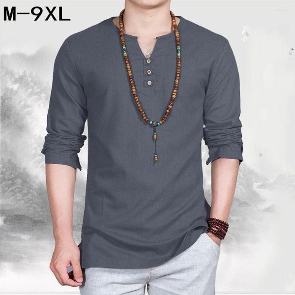 T-shirt da uomo in lino da uomo grande camicia con scollo a V stile cinese Fat Guy Plus Size T-shirt casual a maniche lunghe grande 7XL 8XL 9xl Busto 162 cm