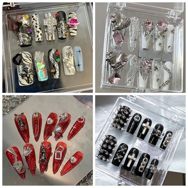 False unhas feitas artesanais y2k estilo punk longa dicas de caixão de brilho Pressione shinestone na unha falsa curta reutilizada com presente de cola