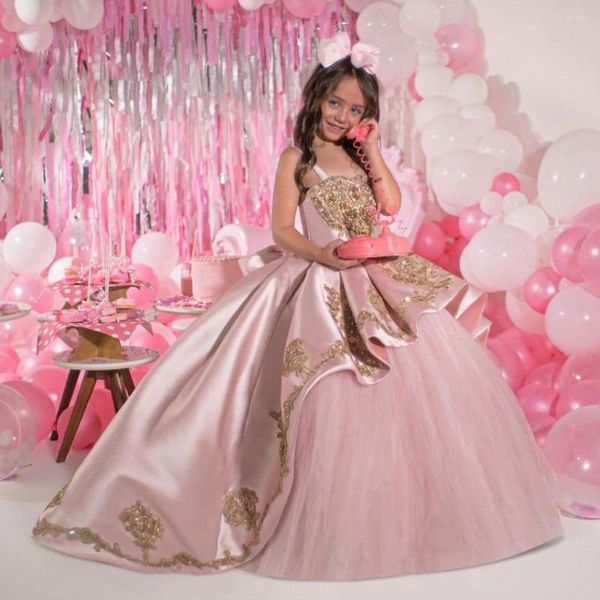Vestidos de menina rosa frisado vestido de baile meninas pageant cintas de espaguete princesa vestido de flor lantejoulas cetim apliques primeira comunhão