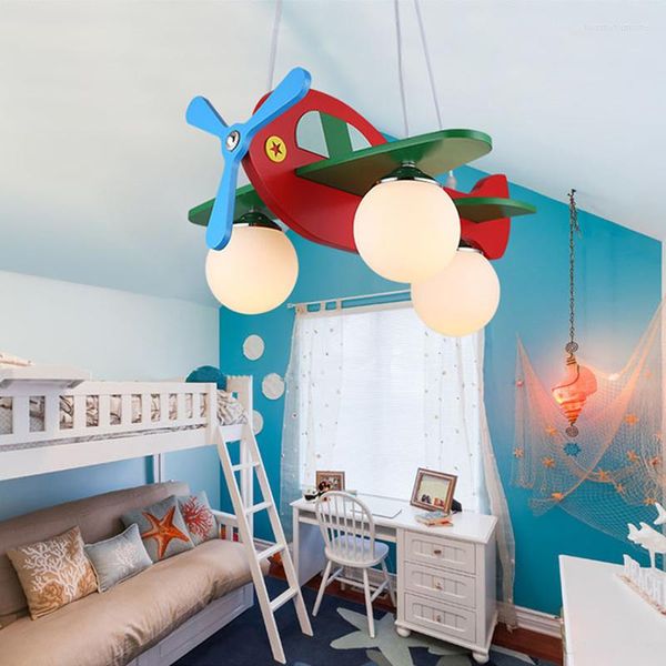 Lampadari Lampadario in legno nordico Colore Art Aircraft Lampada per soggiorno Bambini Camera da letto per bambini Nursery Home Interior Kids