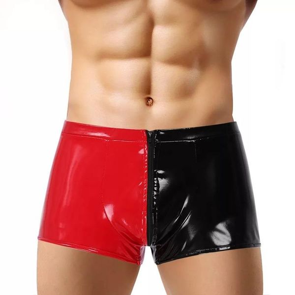 Unterhosen Männlich Sexy Boxer Kunstleder Fasion Homosexuell Unterwäsche Schwarz Rot Patchwork Shorts S-5XL Bequeme Männer HöschenUnterhosen