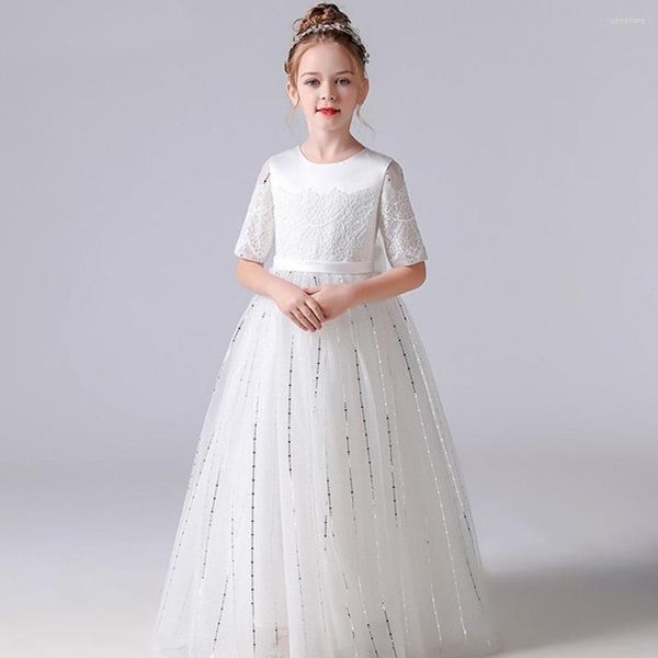 Kız elbiseler zarif tül ilk cemaat junior nedime elbise ışıltılı çocuklar prenses doğum günü partisi pageant elbisesi beyaz