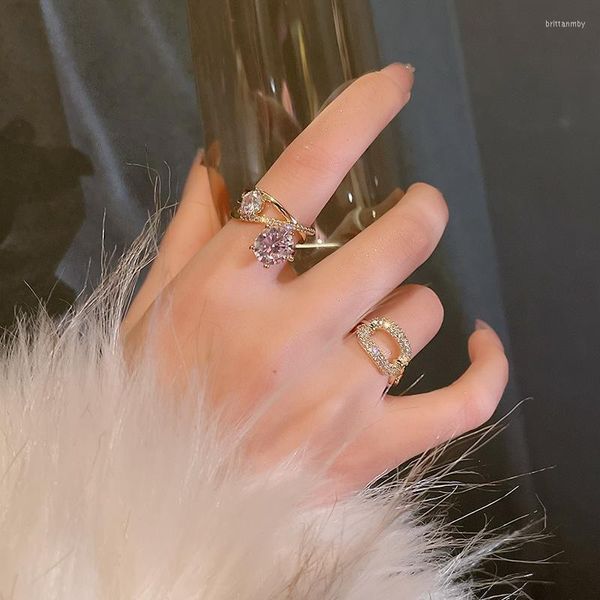 Rings de cluster Korea Design Jóias de moda 14K Real Gold Plating Zircon Geometry Ring Luxury Blue Blue Aberto da Mulher Ajuste Ajustável Ringclust
