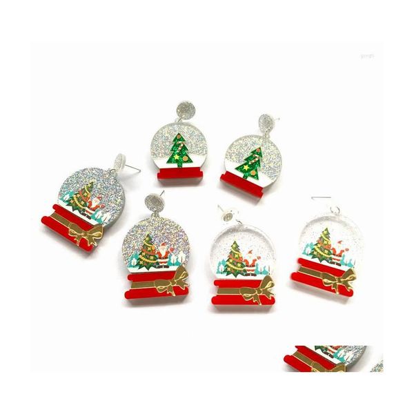 Saplama küpeleri sevimli Noel tatili takı parıltısı Noel ağacı kristal top ve santa kar küre bowtie ile akrilik kadınlar için akrilik dh7me