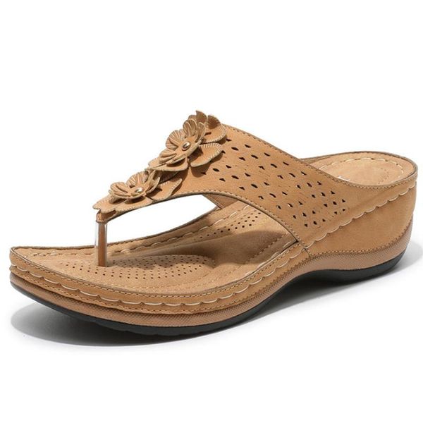 Estilo Bohemia Sandálias Verão Mulheres Sapatos Salto Flores Cunhas Sandalias Mujer Praia Flip Flopssandals 6645