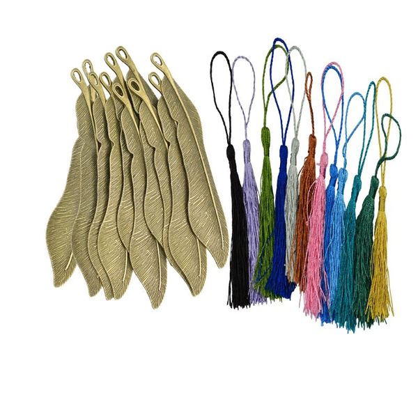 Charms 10pcs bronze vitoriano simples liga metal 4.4 polegada Blank Beading 3D Feather Bookmark e Nylon Tassel Jewelry Diy MakingCharms