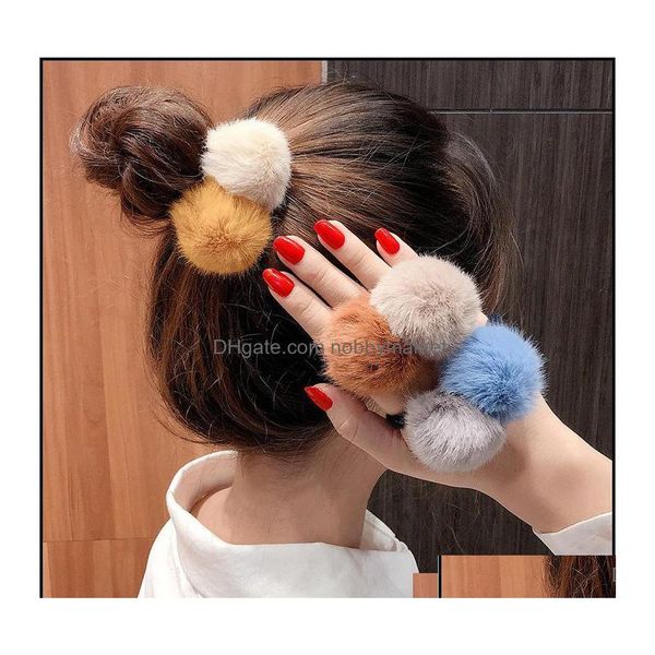 Pony Tails Hels Hair Jewelry Girls Pompom Pompom Ties Double POM Elastic Band Aessories Aessories Goma Rache Scrunchies Ponytail Del Del Dhtvh