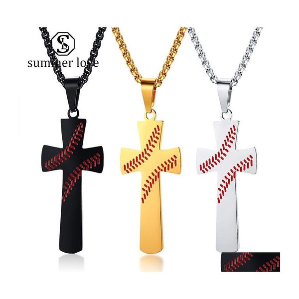 Collane con ciondolo Moda Collana con croce da baseball per donna Uomo Creativo Acciaio inossidabile Religione cristiana Inciso Lord Bible Drop Dhv2A